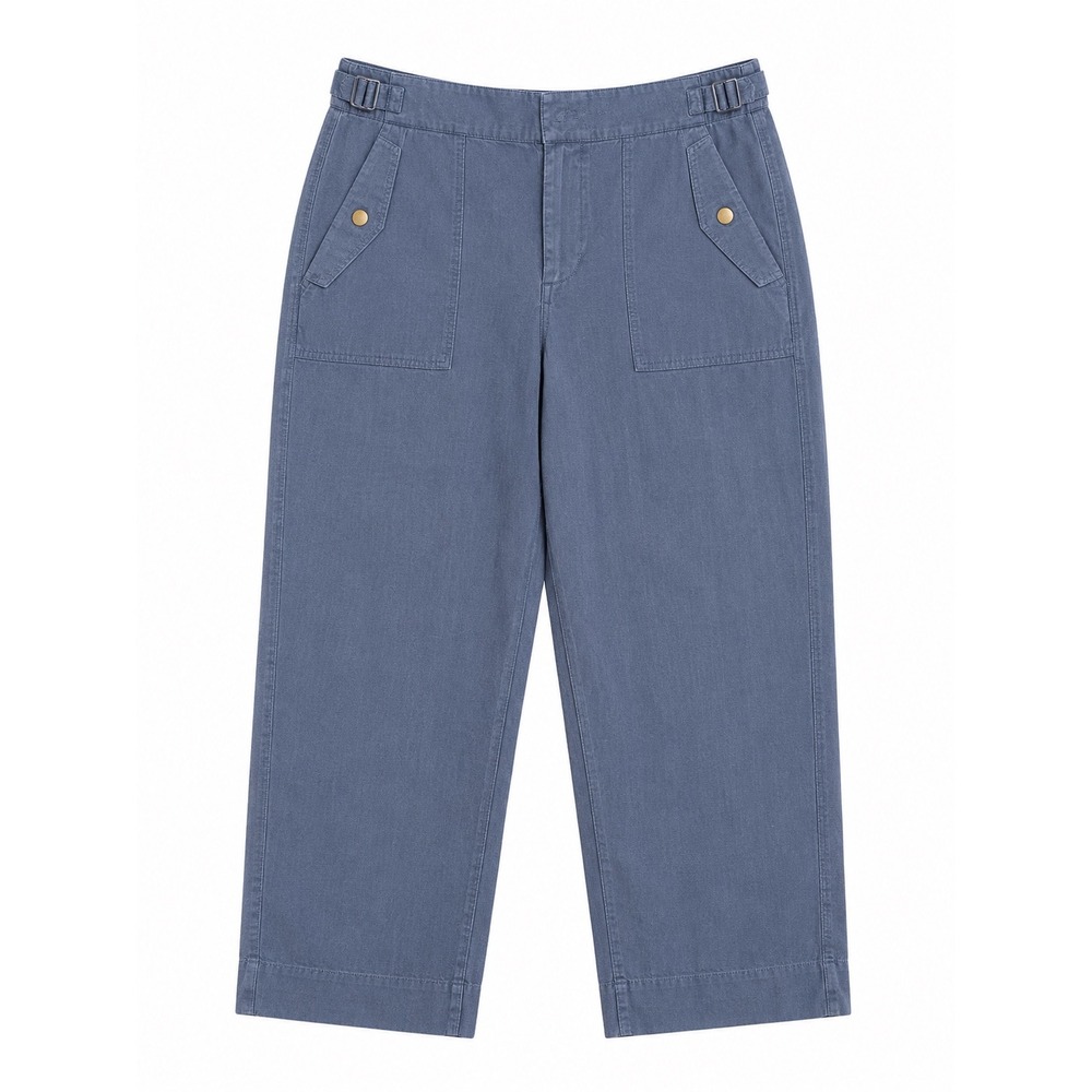 Athleta 100% Linen Wide Leg Crop Pants High Rise Side Buckle in Navy Size 14‎